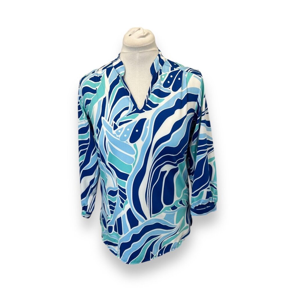 La Mer Luxe Womens Blue & White Abstract Pattern Blouse Size S